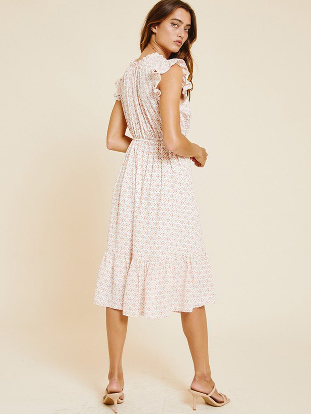 WOMEN'S SLEEVELESS RUFFLE BOTTOM HEM PRINT MIDI DRESS