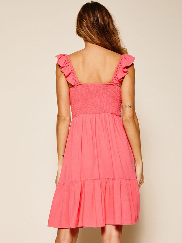 WOMEN'S SLEEVELESS RUFFLE SMOCK TIERED MINI DRESS