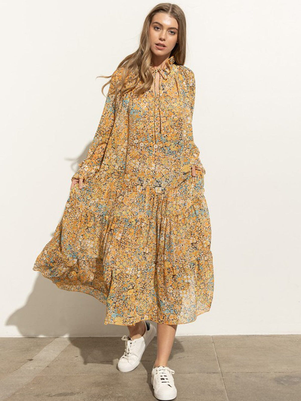 WOMEN'S LONG SLEEVE MOCK NECK MULTI PRINT TIERED RUFFLE MIDI DRESS