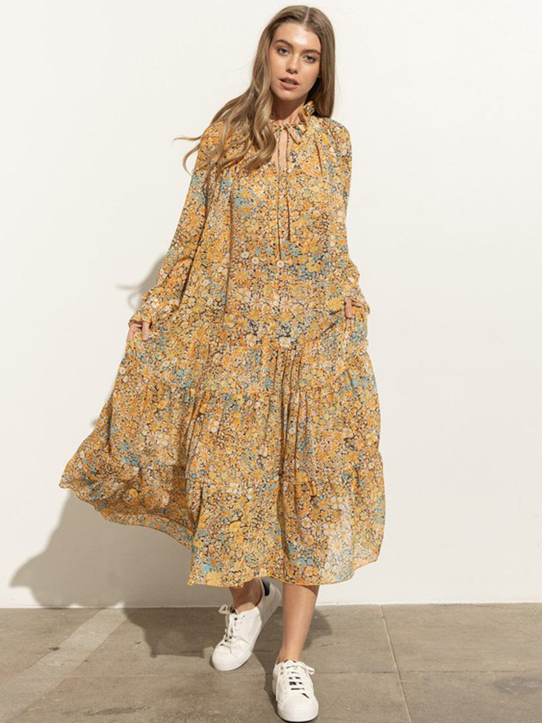 WOMEN'S LONG SLEEVE MOCK NECK MULTI PRINT TIERED RUFFLE MIDI DRESS