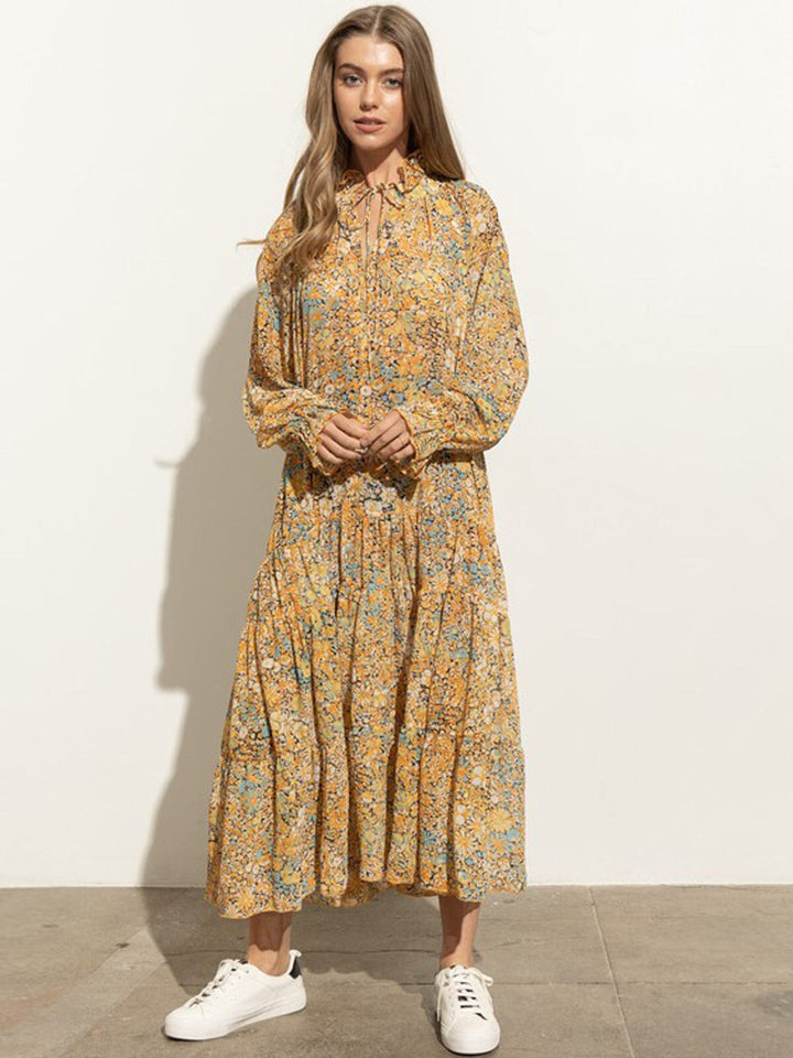 WOMEN'S LONG SLEEVE MOCK NECK MULTI PRINT TIERED RUFFLE MIDI DRESS