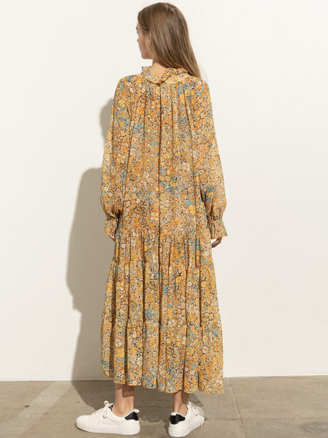 WOMEN'S LONG SLEEVE MOCK NECK MULTI PRINT TIERED RUFFLE MIDI DRESS