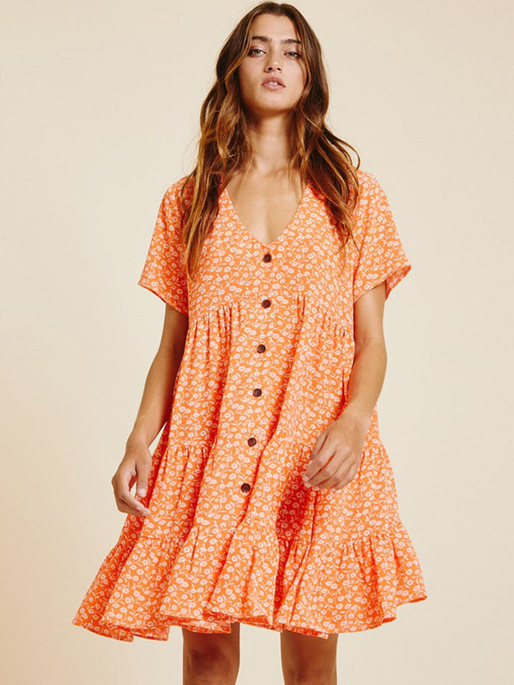 WOMEN'S SHORT SLEEVE BUTTON UP V-NECK MINI DRESS