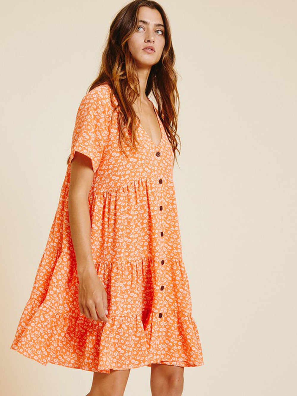 WOMEN'S SHORT SLEEVE BUTTON UP V-NECK MINI DRESS