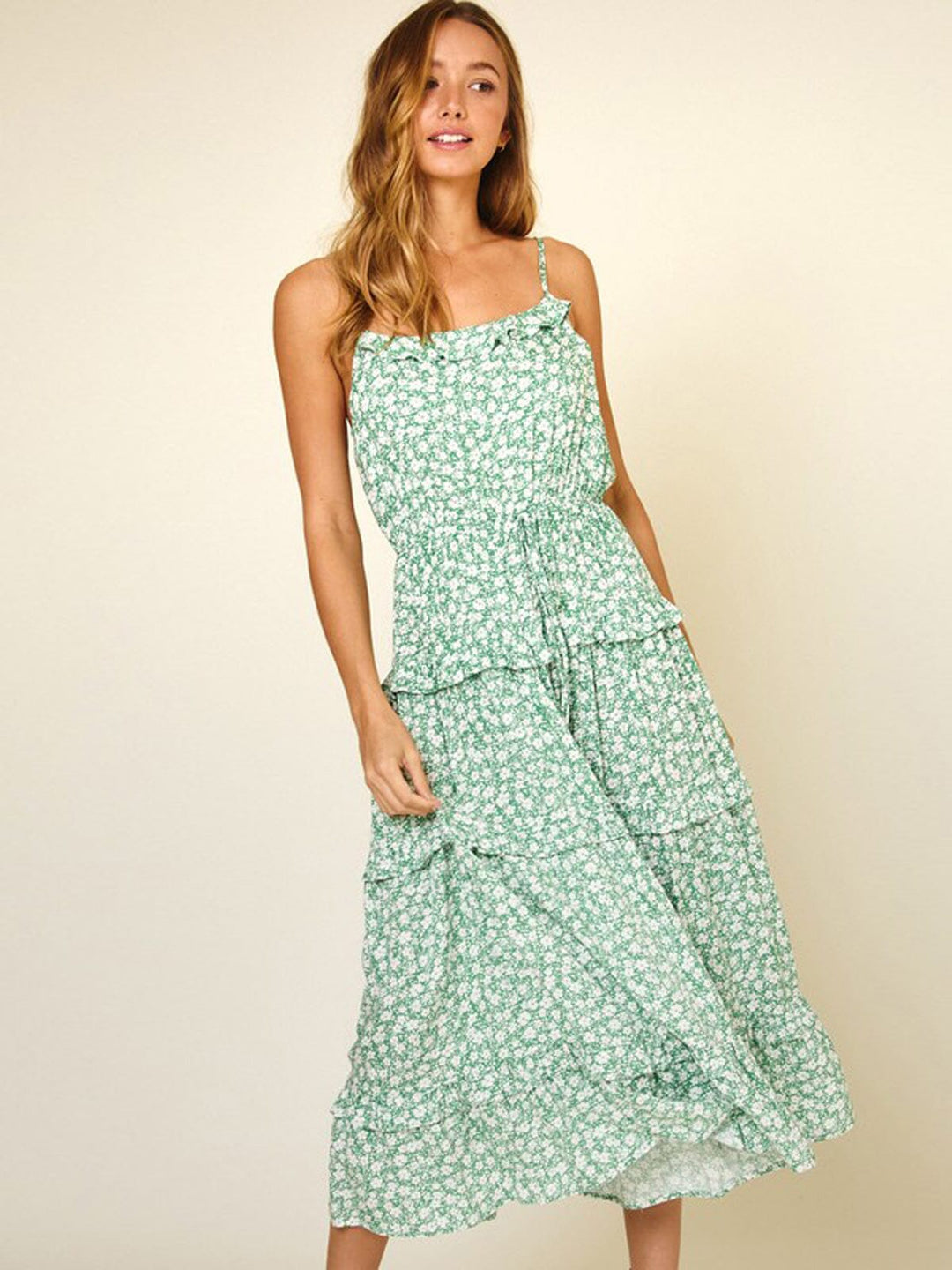 WOMEN'S SLEEVELESS RUFFLE TIERED FLORAL MAXI DRESS