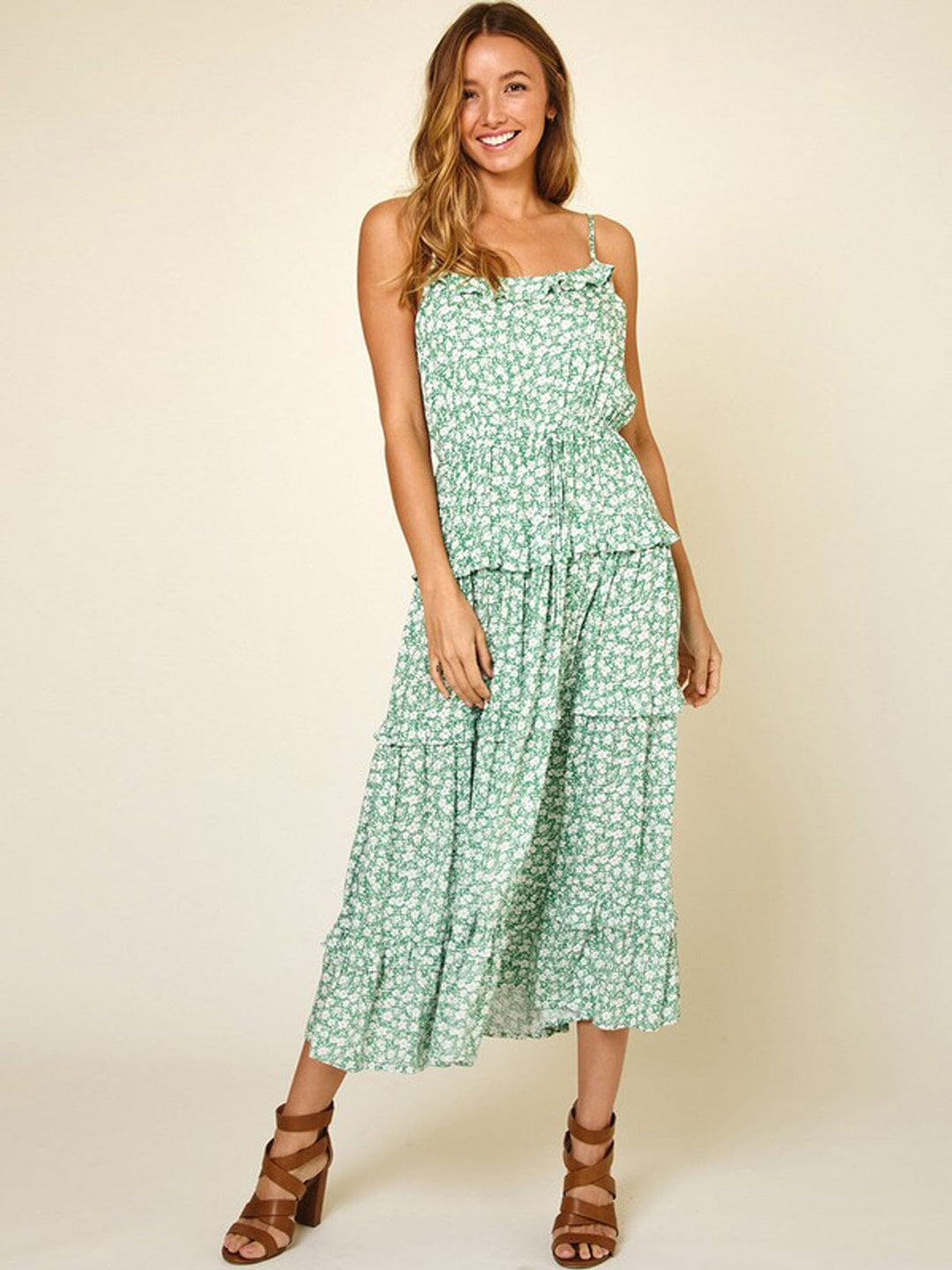 WOMEN'S SLEEVELESS RUFFLE TIERED FLORAL MAXI DRESS