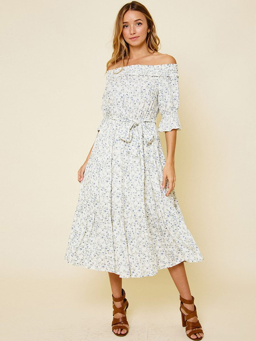 WOMEN'S OFF SHOULDER SMOCK NECK FLORAL SELF TIE MIDI DRESS