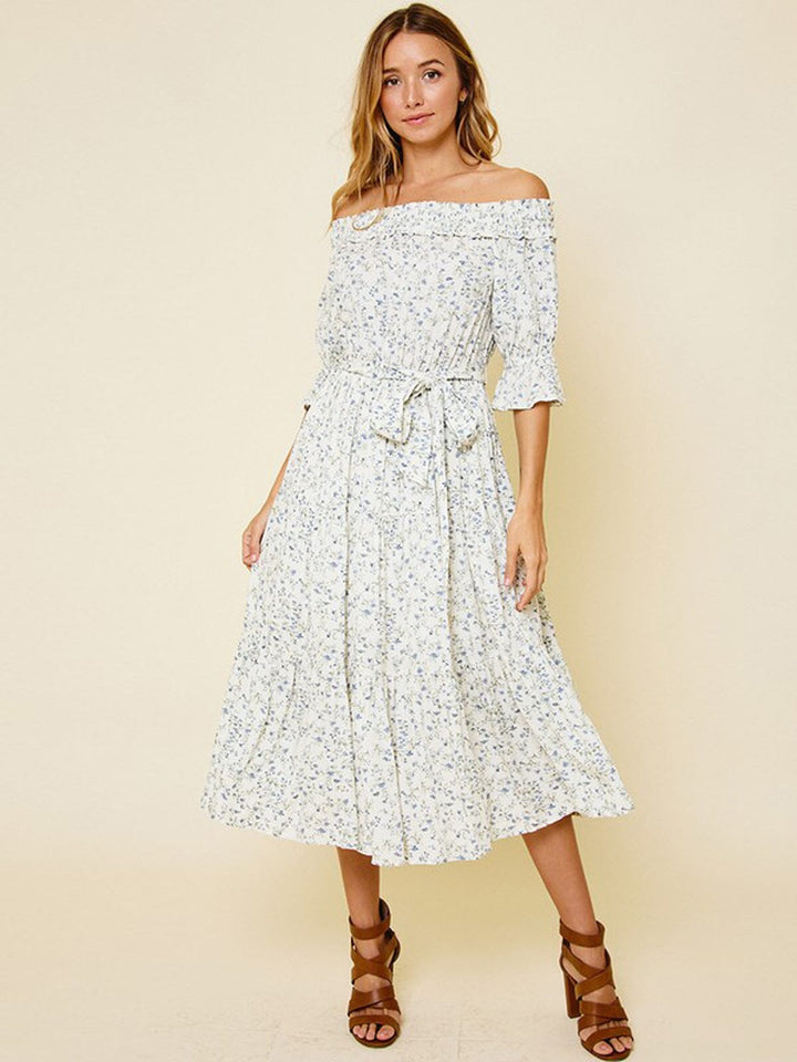 WOMEN'S OFF SHOULDER SMOCK NECK FLORAL SELF TIE MIDI DRESS