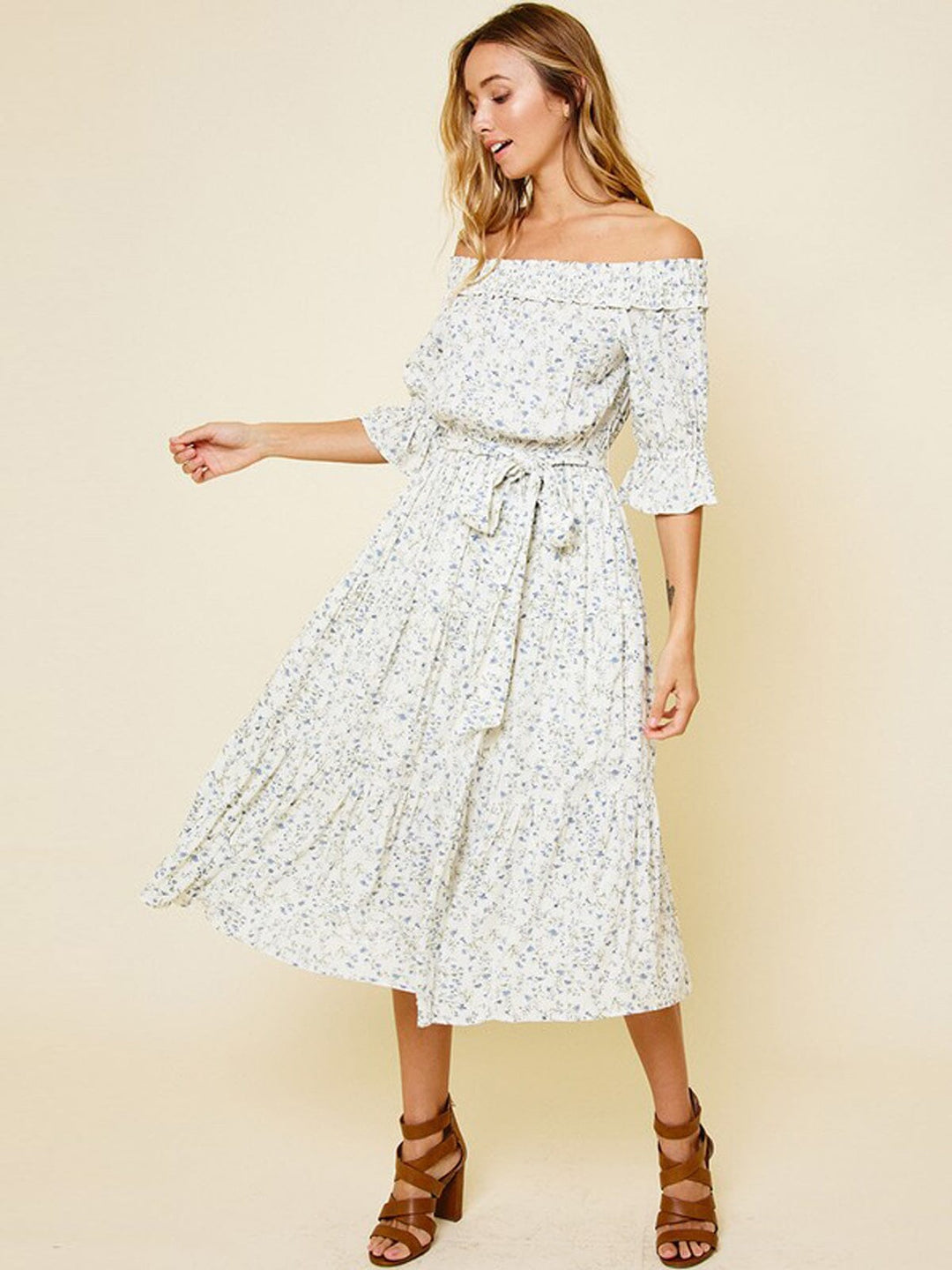 WOMEN'S OFF SHOULDER SMOCK NECK FLORAL SELF TIE MIDI DRESS
