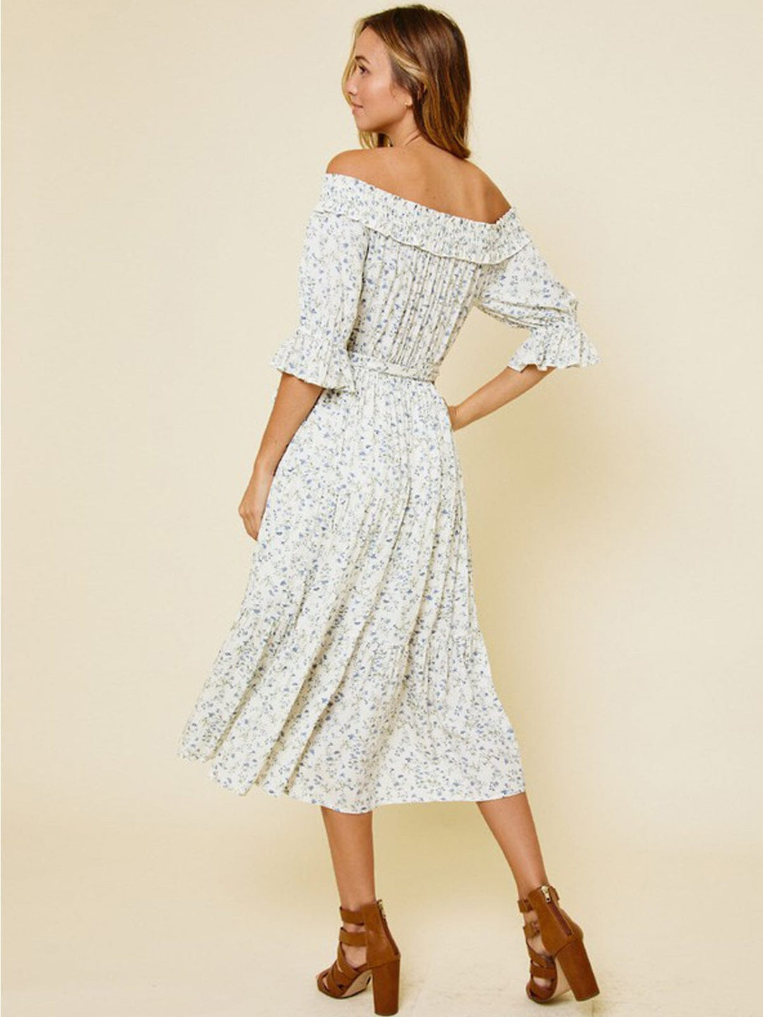 WOMEN'S OFF SHOULDER SMOCK NECK FLORAL SELF TIE MIDI DRESS