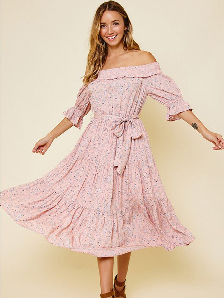 WOMEN'S OFF SHOULDER SMOCK NECK FLORAL SELF TIE MIDI DRESS