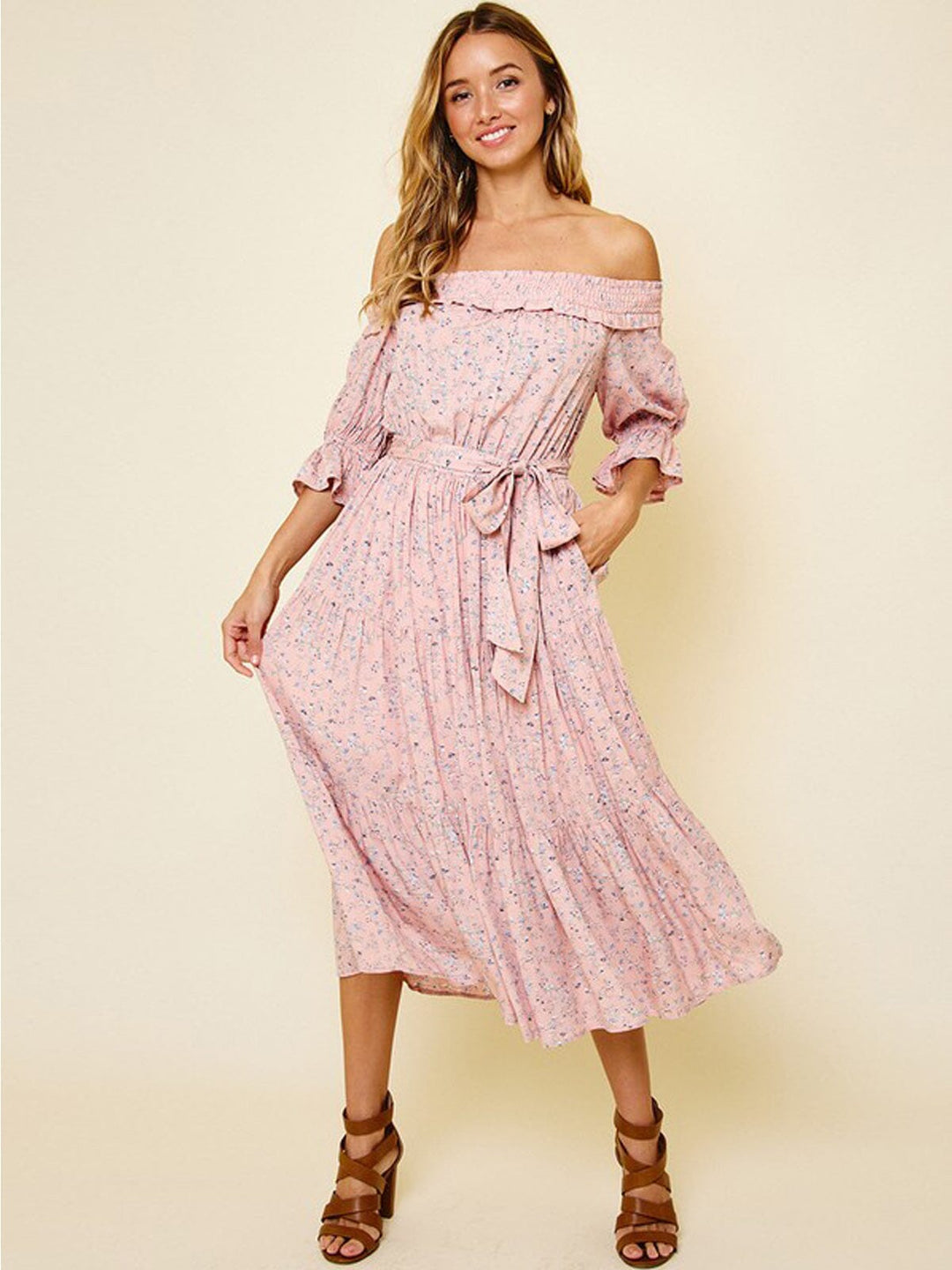 WOMEN'S OFF SHOULDER SMOCK NECK FLORAL SELF TIE MIDI DRESS