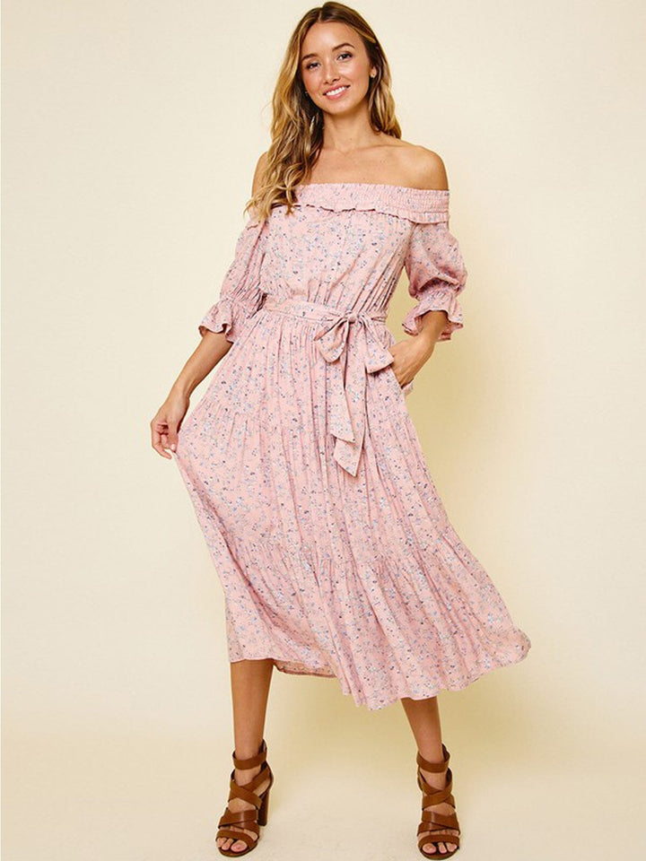 WOMEN'S OFF SHOULDER SMOCK NECK FLORAL SELF TIE MIDI DRESS