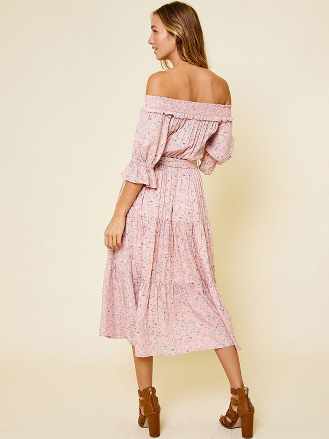 WOMEN'S OFF SHOULDER SMOCK NECK FLORAL SELF TIE MIDI DRESS