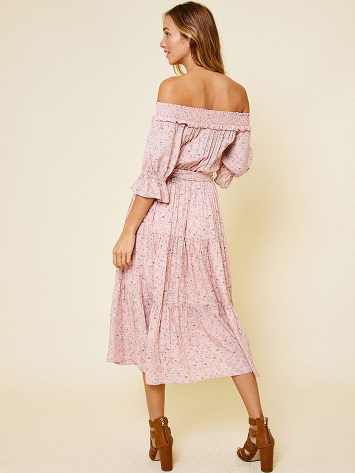 WOMEN'S OFF SHOULDER SMOCK NECK FLORAL SELF TIE MIDI DRESS