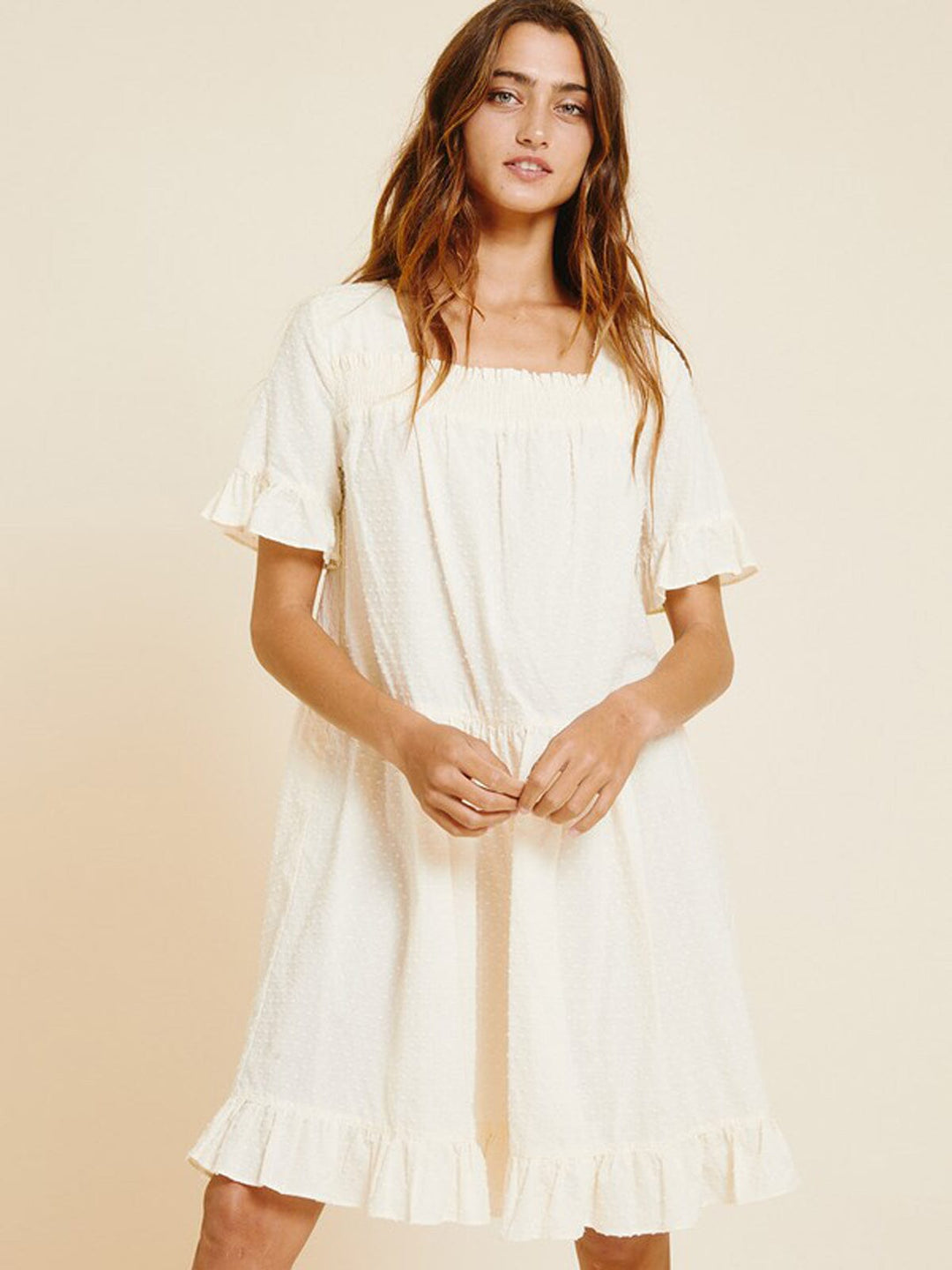 WOMEN'S SHORT PUFF SLEEVE SWISS DOTS TUNIC MINI DRESS