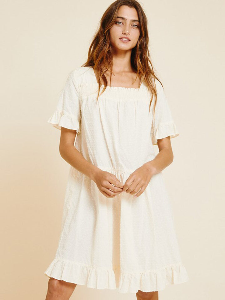 WOMEN'S SHORT PUFF SLEEVE SWISS DOTS TUNIC MINI DRESS