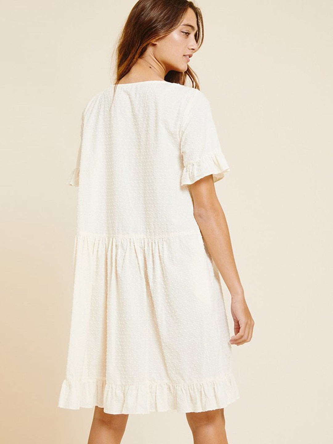 WOMEN'S SHORT PUFF SLEEVE SWISS DOTS TUNIC MINI DRESS