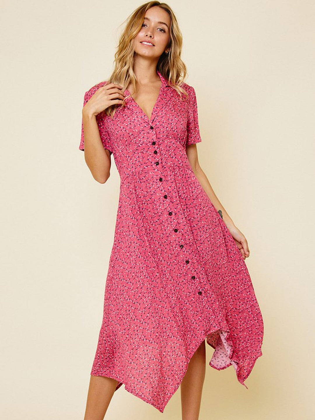 WOMEN'S SHORT SLEEVE SMOCK HI-LOW MIDI DRESS