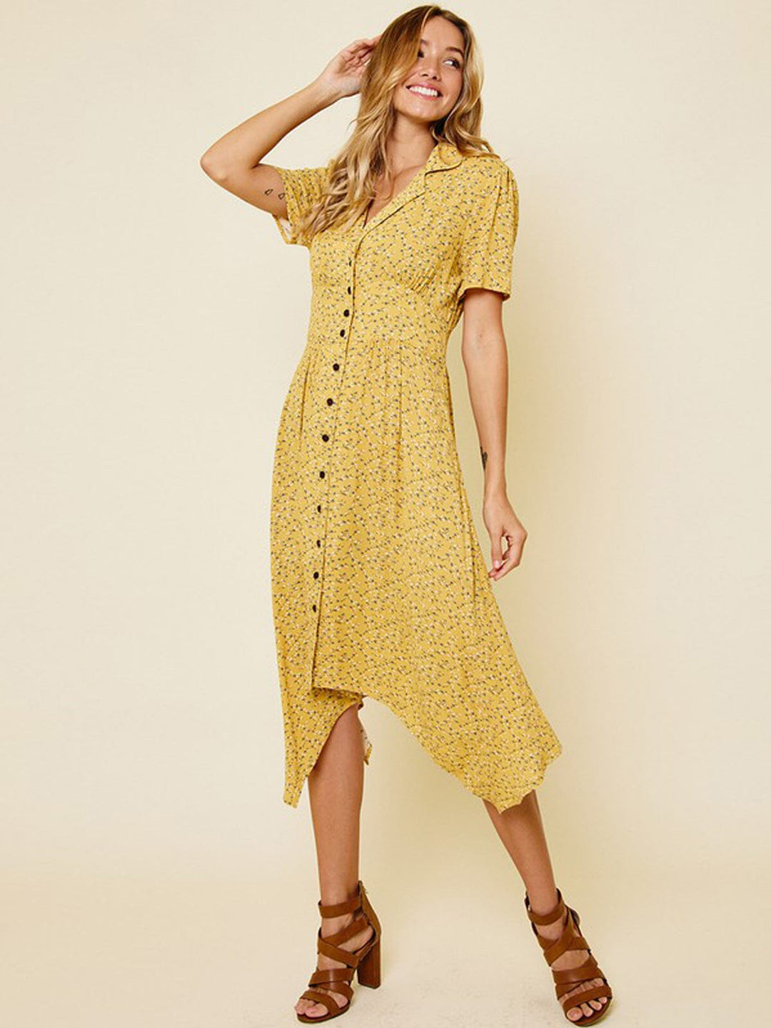 WOMEN'S SHORT SLEEVE SMOCK HI-LOW MIDI DRESS