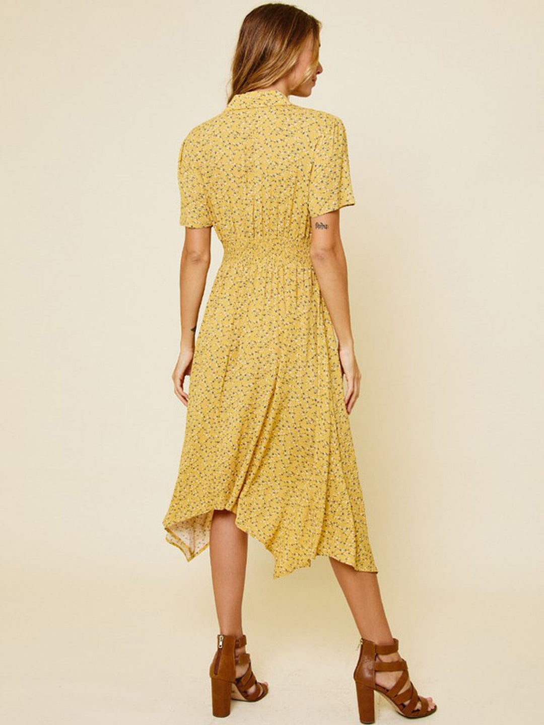 WOMEN'S SHORT SLEEVE SMOCK HI-LOW MIDI DRESS