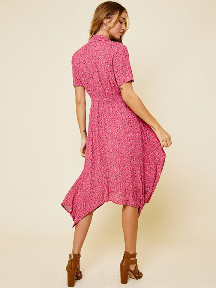 WOMEN'S SHORT SLEEVE SMOCK HI-LOW MIDI DRESS