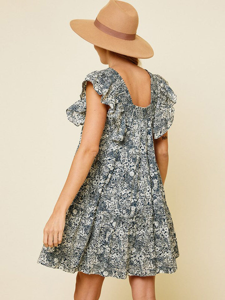 WOMEN'S SLEEVELESS RUFFLE TIERED SMOCK NECK FLORAL MINI DRESS