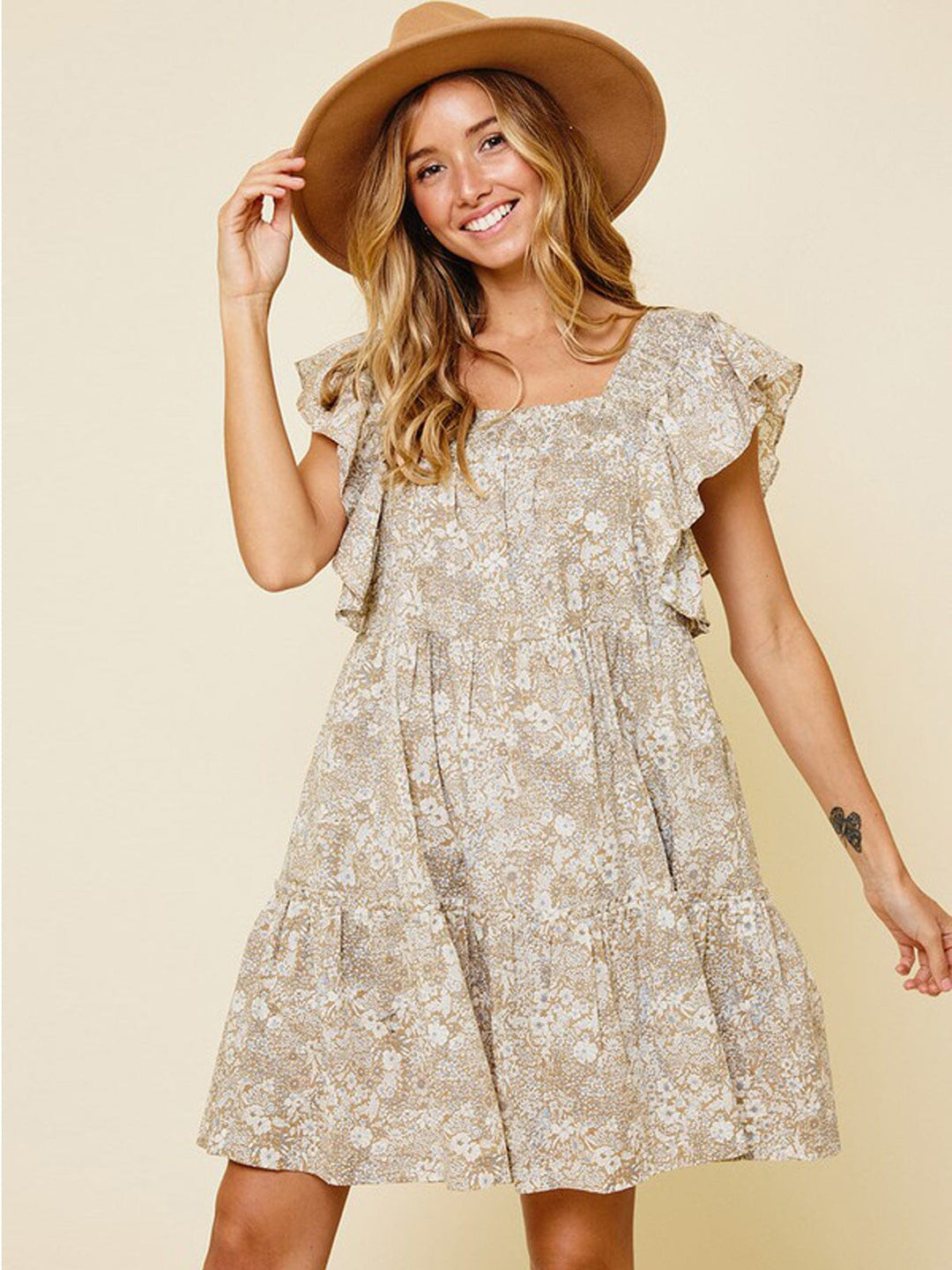 WOMEN'S SLEEVELESS RUFFLE TIERED SMOCK NECK FLORAL MINI DRESS