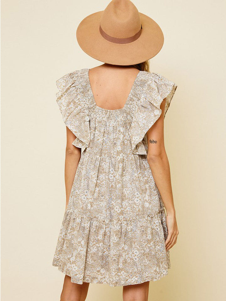 WOMEN'S SLEEVELESS RUFFLE TIERED SMOCK NECK FLORAL MINI DRESS