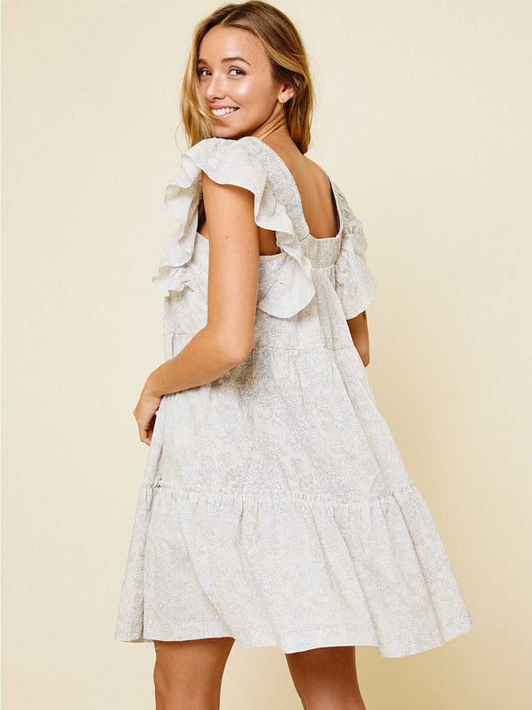 WOMEN'S SLEEVELESS RUFFLE TIERED SMOCK NECK FLORAL MINI DRESS