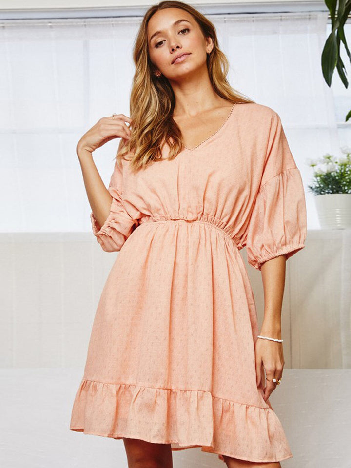 WOMEN'S SHORT SLEEVE V-NECK ELASTIC WAIST MINI DRESS