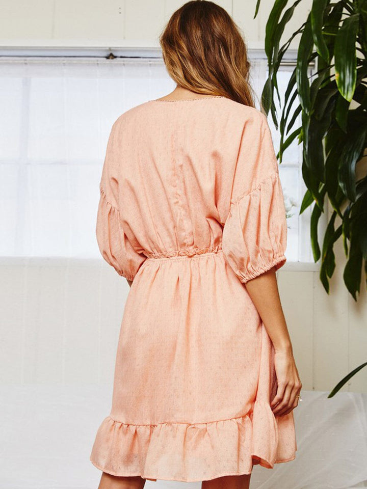 WOMEN'S SHORT SLEEVE V-NECK ELASTIC WAIST MINI DRESS