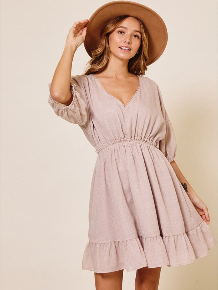 WOMEN'S SHORT SLEEVE V-NECK ELASTIC WAIST MINI DRESS