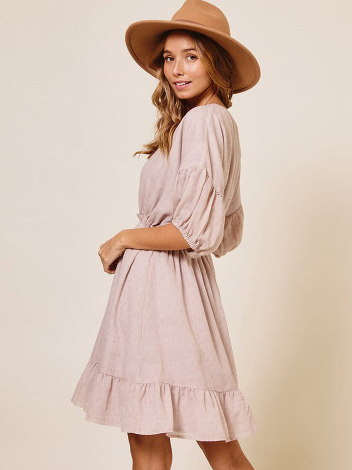 WOMEN'S SHORT SLEEVE V-NECK ELASTIC WAIST MINI DRESS