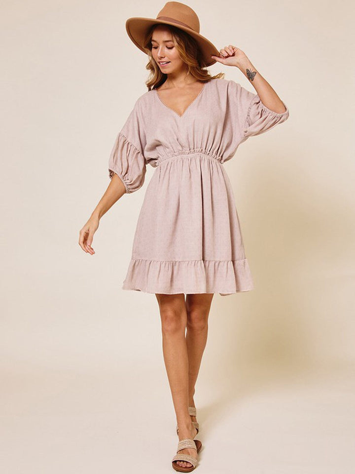 WOMEN'S SHORT SLEEVE V-NECK ELASTIC WAIST MINI DRESS