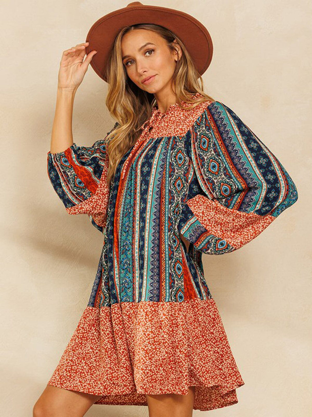 WOMEN'S LONG PUFF SLEEVE MULTI PRINT TUNIC MINI DRESS
