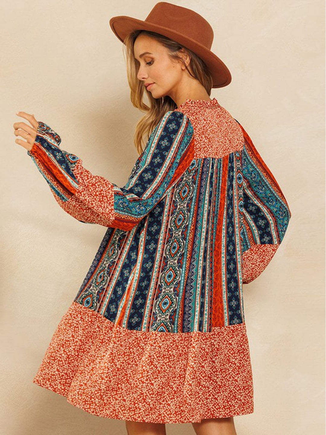 WOMEN'S LONG PUFF SLEEVE MULTI PRINT TUNIC MINI DRESS