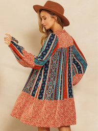 WOMEN'S LONG PUFF SLEEVE MULTI PRINT TUNIC MINI DRESS