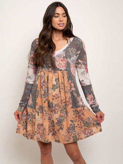 WOMEN'S LONG SLEEVE V-NECK FLORAL MINI DRESS