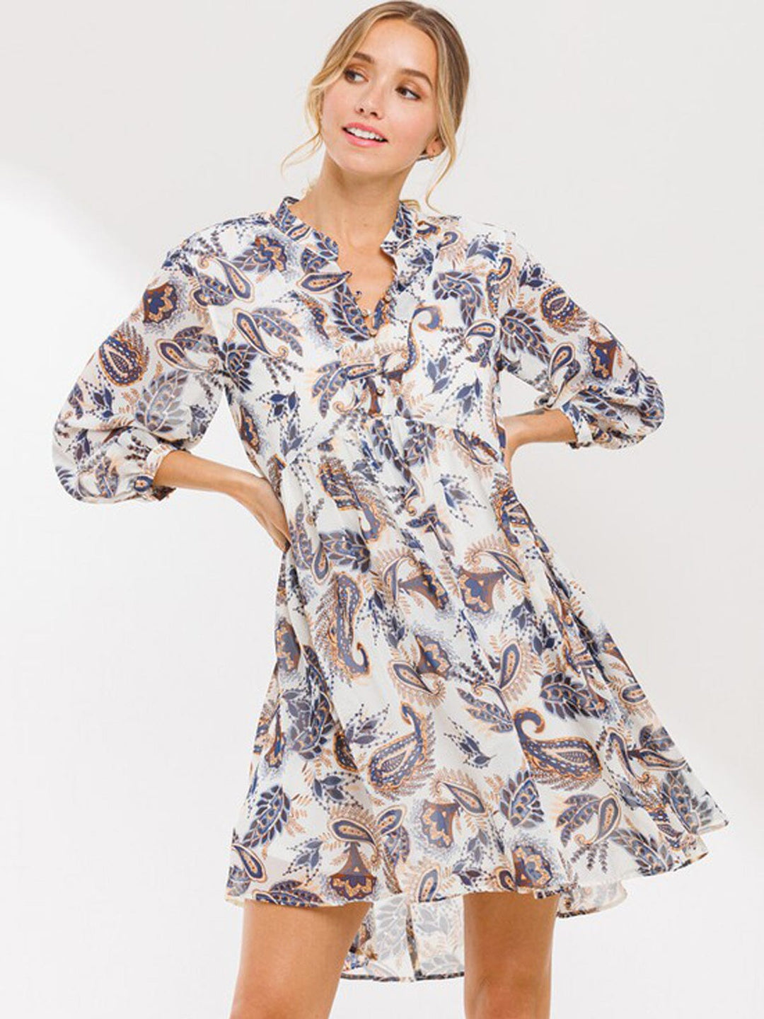 WOMEN'S 3/4 SLEEVES V-NECK MULTI PRINT MINI DRESS