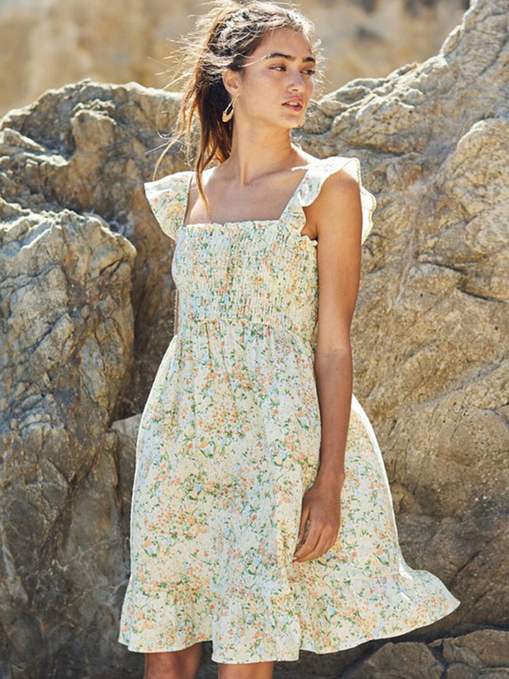 WOMEN'S SLEEVELESS RUFLE SMOCK FLORAL TUNIC MINI DRESS