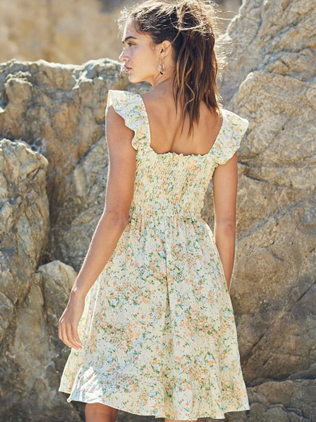 WOMEN'S SLEEVELESS RUFLE SMOCK FLORAL TUNIC MINI DRESS