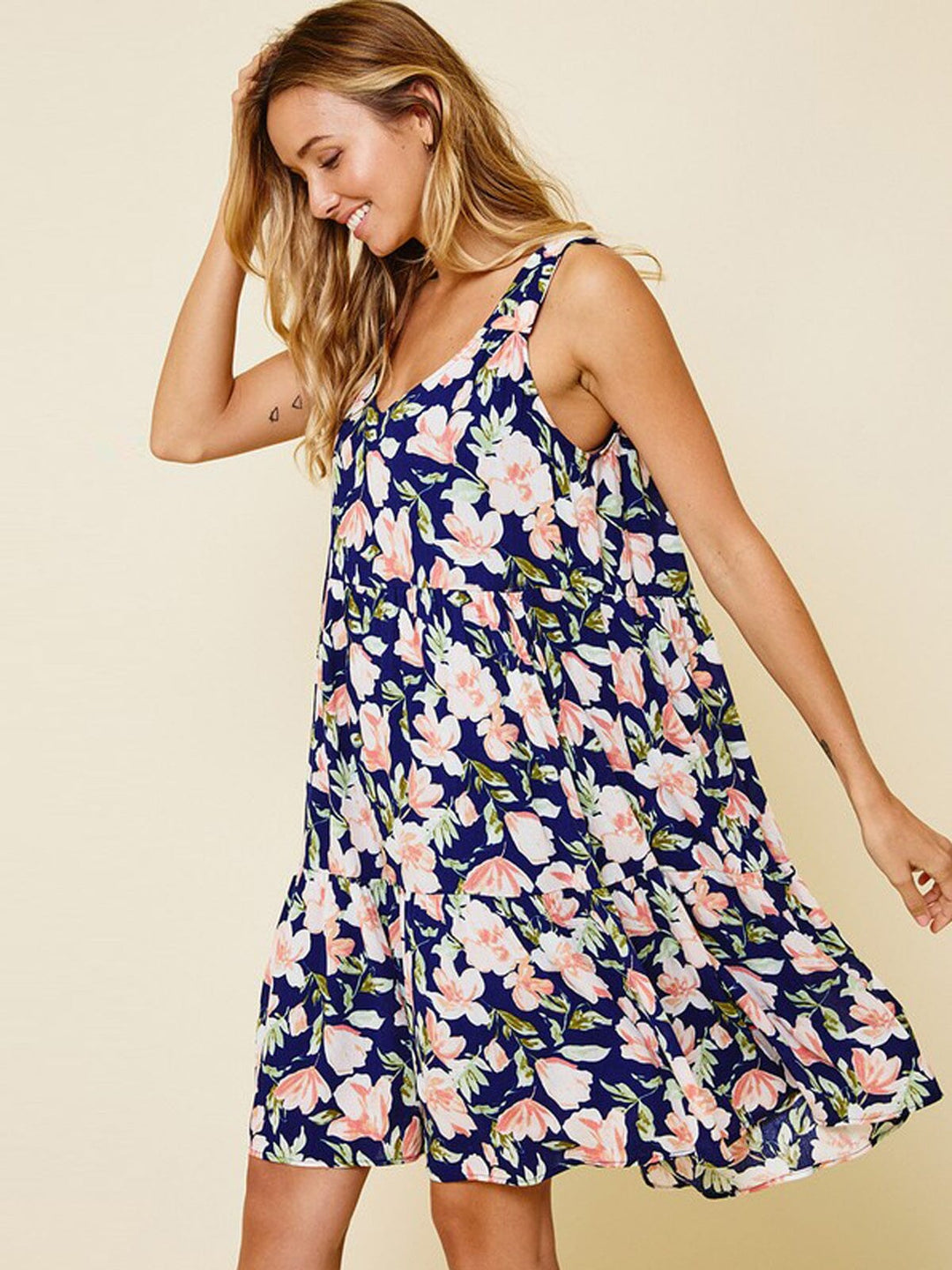 WOMEN'S SLEEVELESS V-NECK BACK TIE FLORAL MINI DRESS