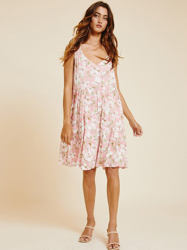 WOMEN'S SLEEVELESS V-NECK BACK TIE FLORAL MINI DRESS