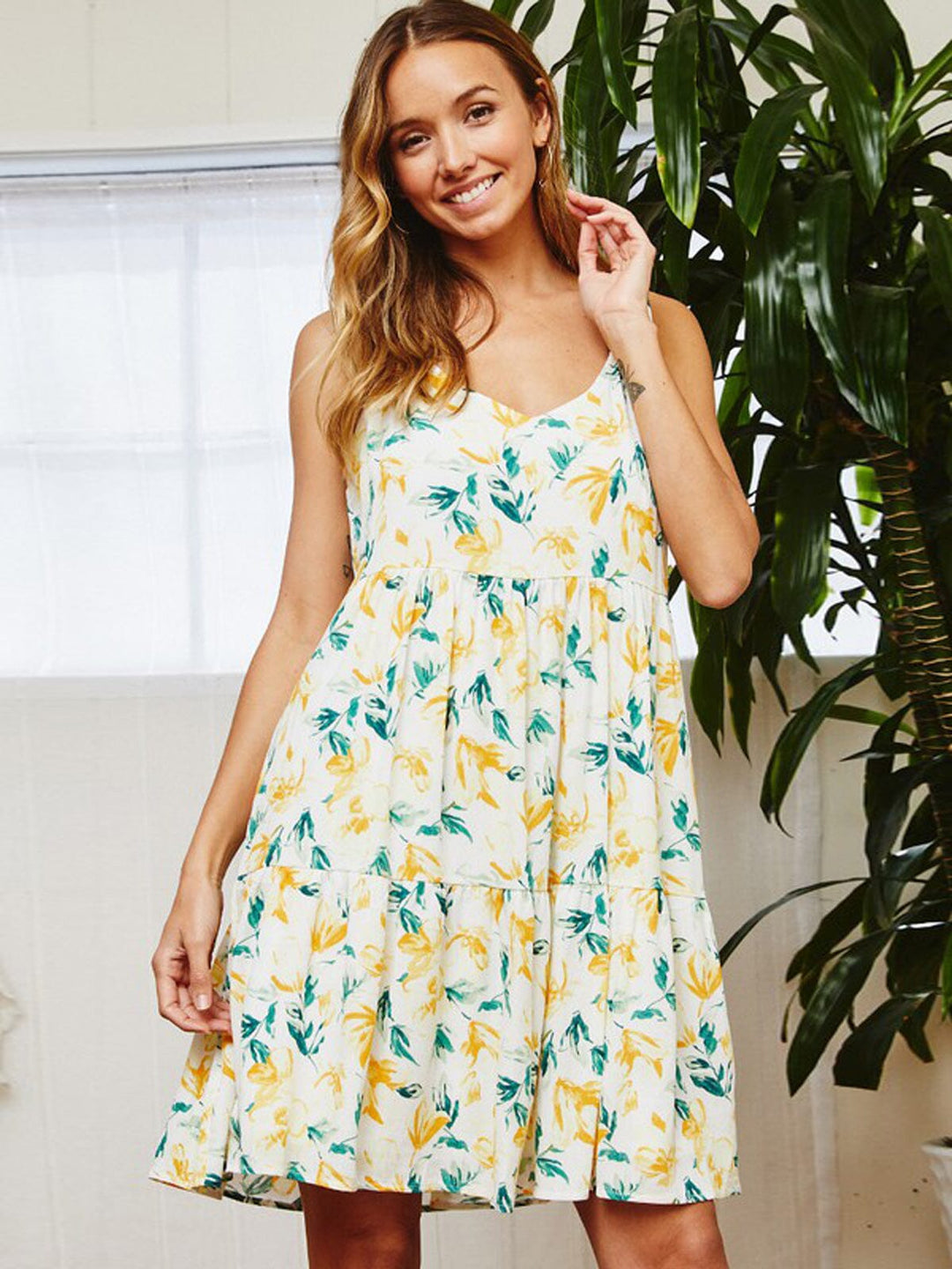 WOMEN'S SLEEVELESS V-NECK BACK TIE FLORAL MINI DRESS