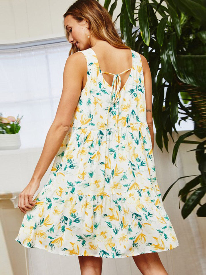 WOMEN'S SLEEVELESS V-NECK BACK TIE FLORAL MINI DRESS