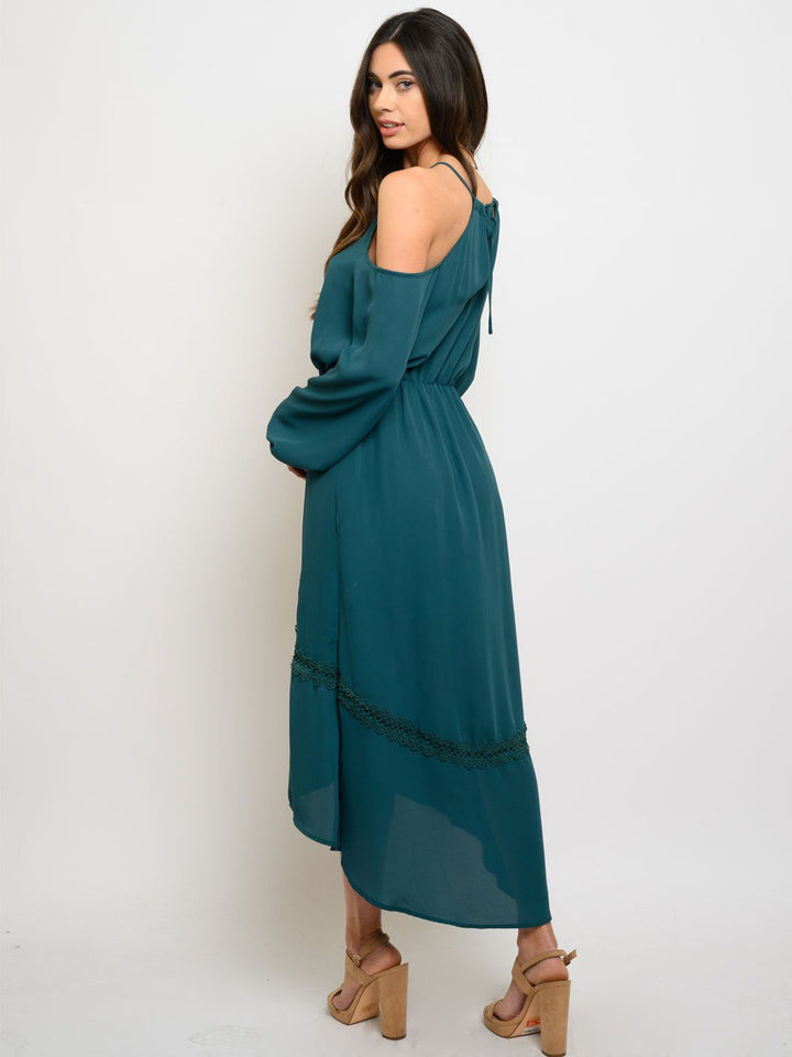 WOMEN'S QUETZAL EMBROIDERY DETAIK COLD SHOULDER MIDI DRESS