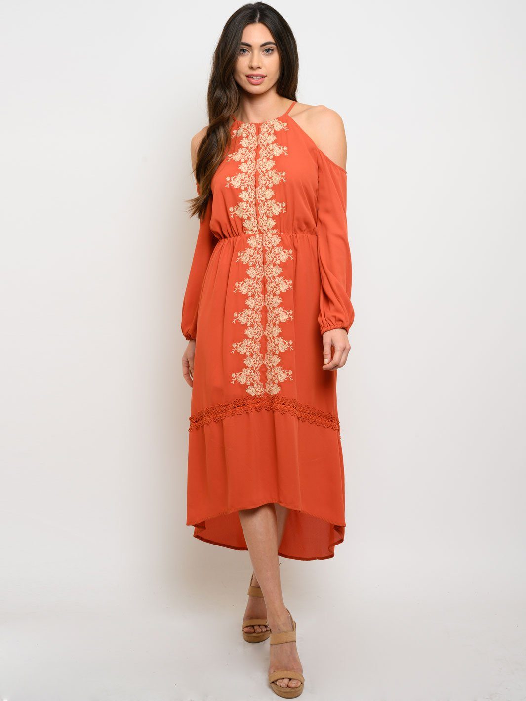 WOMEN'S QUETZAL EMBROIDERY DETAIK COLD SHOULDER MIDI DRESS