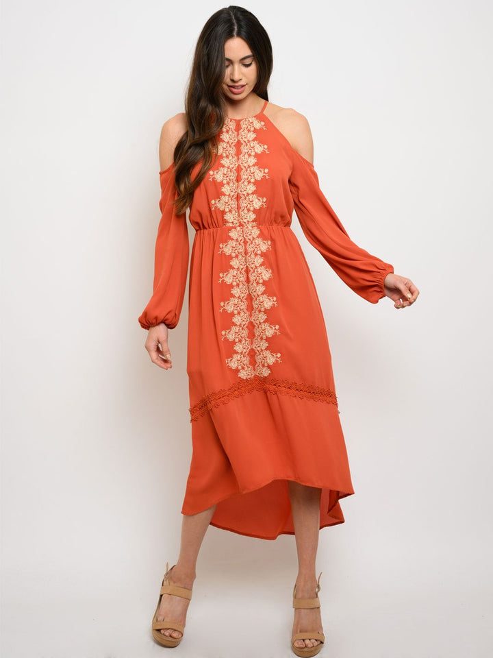 WOMEN'S QUETZAL EMBROIDERY DETAIK COLD SHOULDER MIDI DRESS