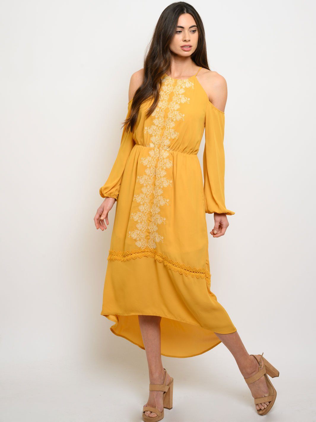 WOMEN'S QUETZAL EMBROIDERY DETAIK COLD SHOULDER MIDI DRESS